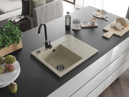 Mexen Ben granitový dřez 1-komorový s odkapávačem, levý 600 x 500 mm, béžový, černý sifon - 6522605000-69-B