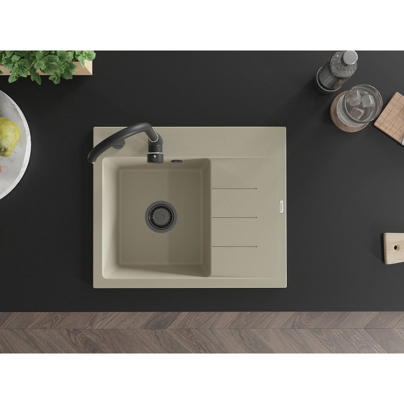 Mexen Ben granitový dřez 1-komorový s odkapávačem, levý 600 x 500 mm, béžový, černý sifon - 6522605000-69-B