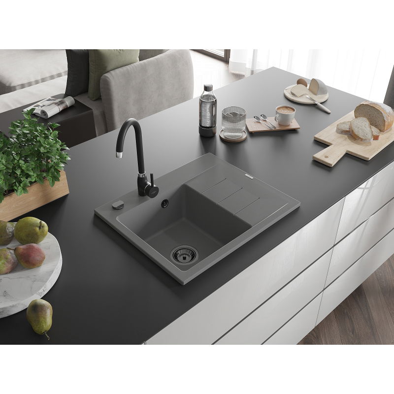 Mexen Ben granitový dřez 1-komorový s odkapávačem, levý 600 x 500 mm, šedý, černý sifon - 6522605000-71-B