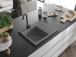 Mexen Ben granitový dřez 1-komorový s odkapávačem, levý 600 x 500 mm, šedý, černý sifon - 6522605000-71-B