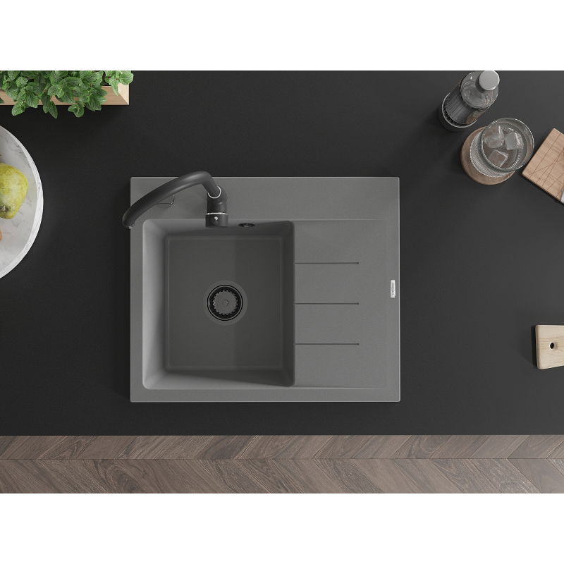 Mexen Ben granitový dřez 1-komorový s odkapávačem, levý 600 x 500 mm, šedý, černý sifon - 6522605000-71-B