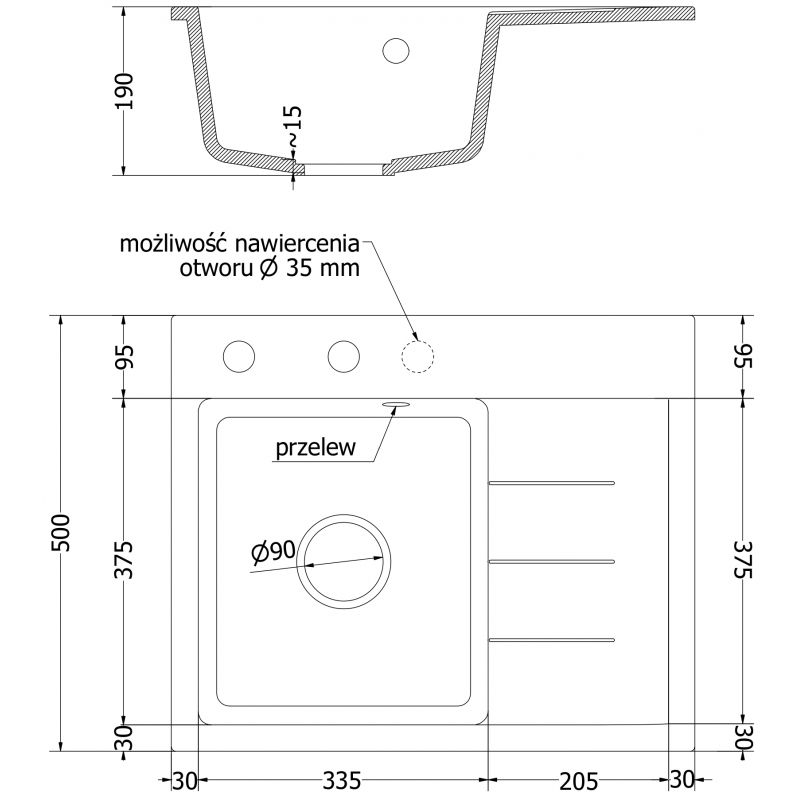 Mexen Ben granitový dřez 1-komorový s odkapávačem, levý 600 x 500 mm, šedý, černý sifon - 6522605000-71-B