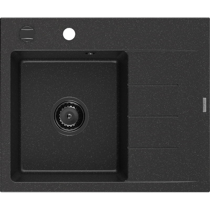 Mexen Ben granitový dřez s 1 komorou a odkapávačem, levý 600 x 500 mm černý/stříbrný metalický sifon černý