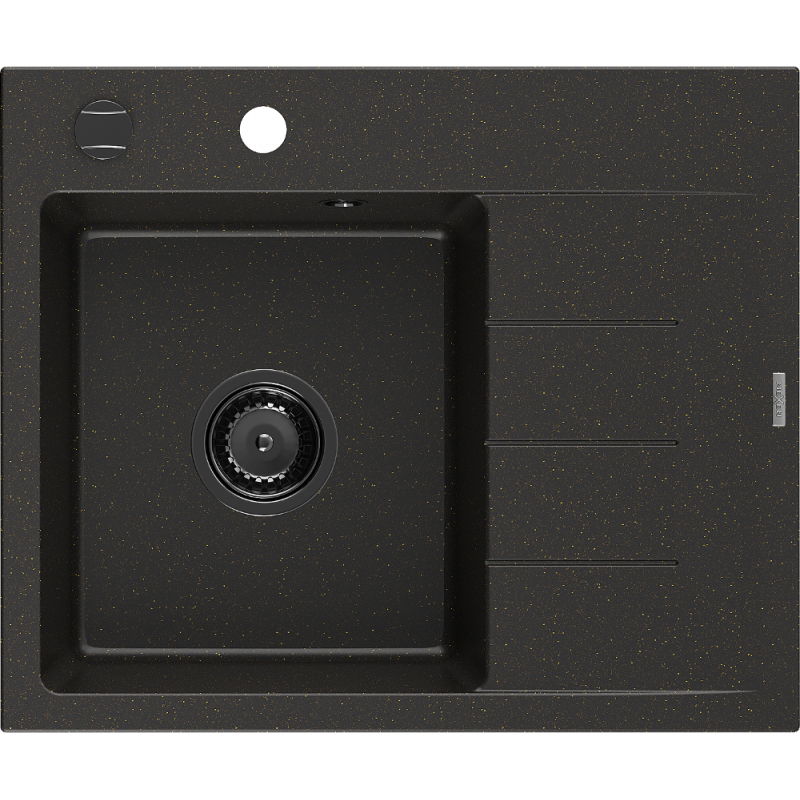 Mexen Ben granitový dřez s odkapávačem, levý 600 x 500 mm, černý/zlatý metalik, černý sifon - 6522605000-75-B