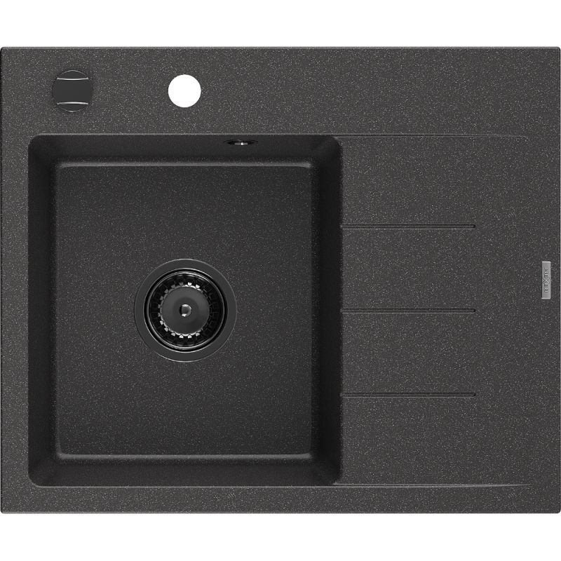 Mexen Ben granitový dřez s jednou komorou a odkapávačem, levý 600 x 500 mm, černý skvrnitý, černý sifon