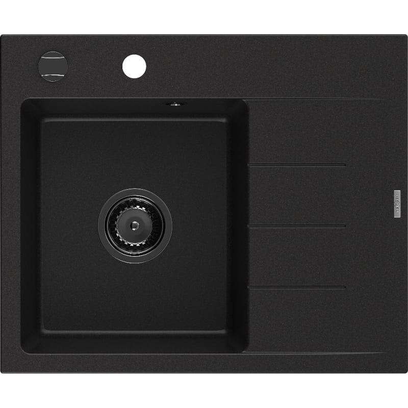 Mexen Ben granitový dřez s odkapávačem, levý 600 x 500 mm, černý, černý sifon - 6522605000-77-B