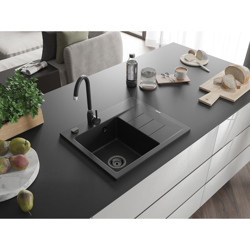 Mexen Ben granitový dřez s odkapávačem, levý 600 x 500 mm, černý, černý sifon - 6522605000-77-B