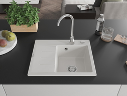 Mexen Ben granitový dřez s odkapávačem, pravý, 600 x 500 mm, bílý, sifon chrom - 6523605000-20