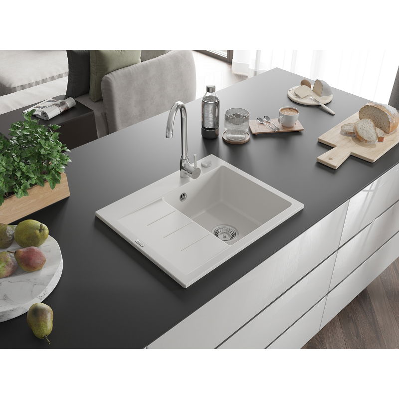 Mexen Ben granitový dřez s odkapávačem, pravý, 600 x 500 mm, bílý, sifon chrom - 6523605000-20