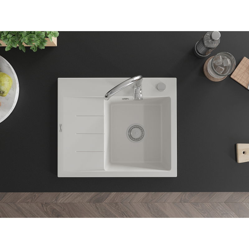 Mexen Ben granitový dřez s odkapávačem, pravý, 600 x 500 mm, bílý, sifon chrom - 6523605000-20