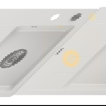 Mexen Ben granitový dřez jednokomorový s odkapávačem, pravý 600 x 500 mm, bílý, zlatý sifon - 6523605000-20-G