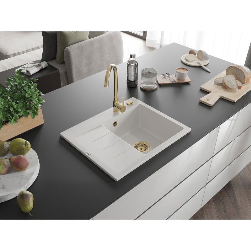 Mexen Ben granitový dřez jednokomorový s odkapávačem, pravý 600 x 500 mm, bílý, zlatý sifon - 6523605000-20-G