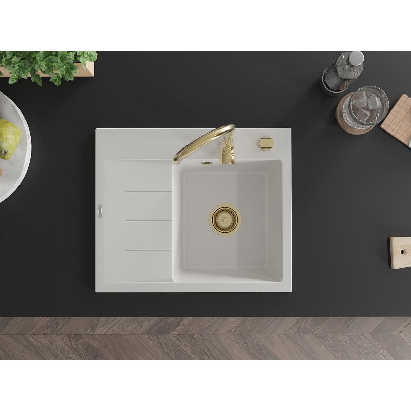 Mexen Ben granitový dřez jednokomorový s odkapávačem, pravý 600 x 500 mm, bílý, zlatý sifon - 6523605000-20-G