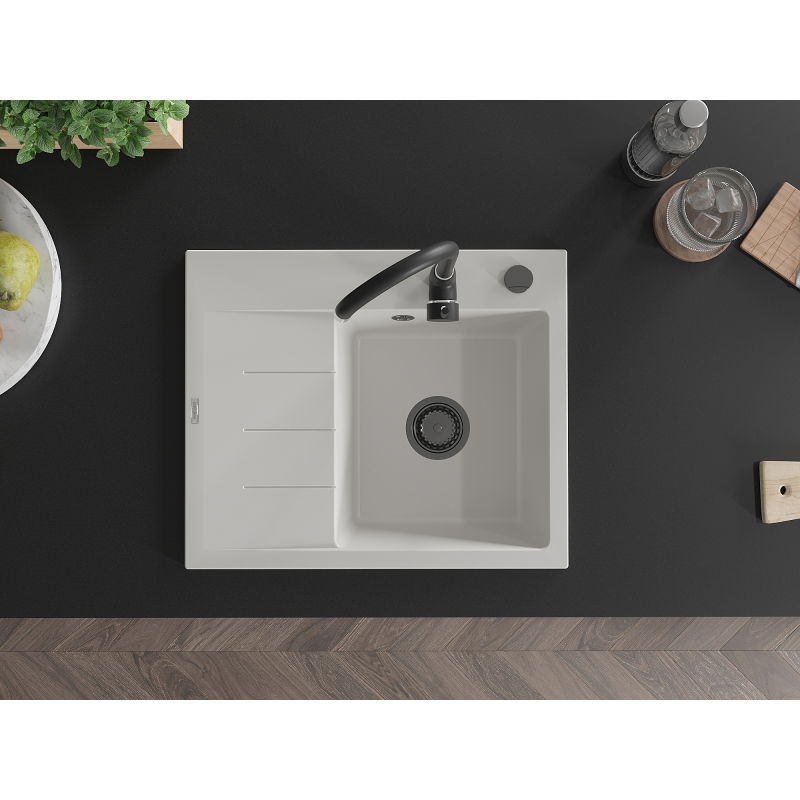 Mexen Ben granitový dřez s 1 komorou a odkapávačem, pravý 600 x 500 mm, bílý, černý sifon - 6523605000-20-B
