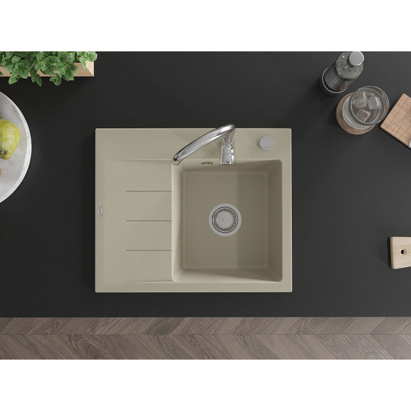 Mexen Ben granitový dřez 1-komorový s odkapávačem, pravý 600 x 500 mm, béžový, sifon chrom - 6523605000-69