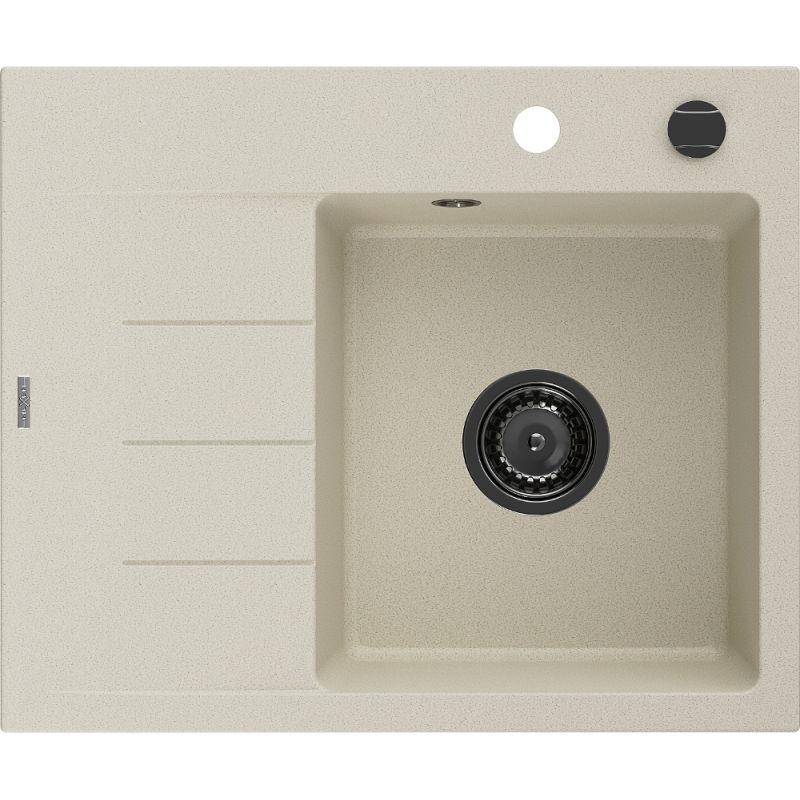 Mexen Ben granitový dřez 1-komorový s okapničkou, pravý 600 x 500 mm, béžový, černý sifon - 6523605000-69-B