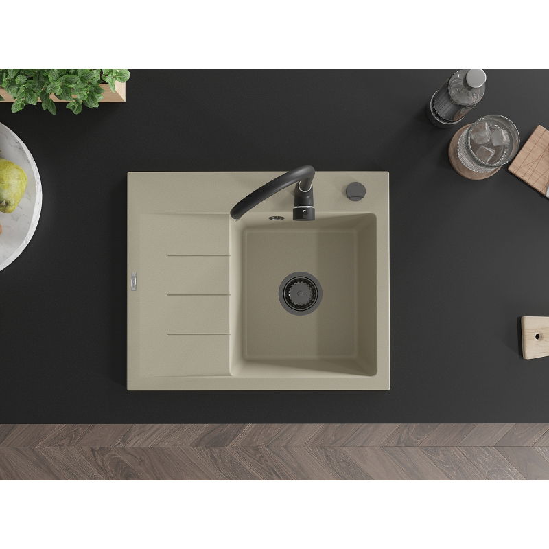 Mexen Ben granitový dřez 1-komorový s okapničkou, pravý 600 x 500 mm, béžový, černý sifon - 6523605000-69-B