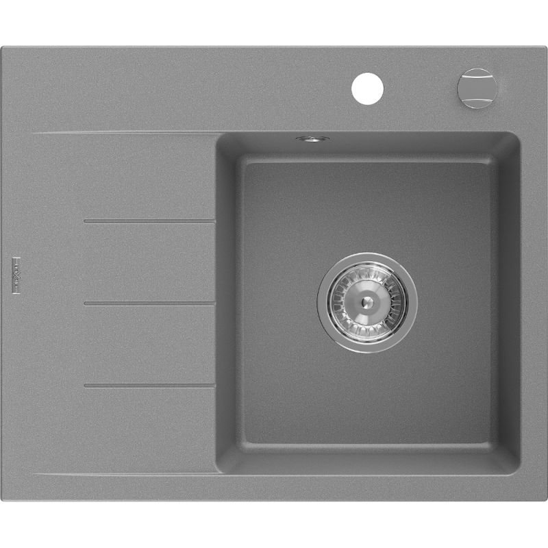 Mexen Ben granitový dřez s 1 komorou a odkapávačem, pravý 600 x 500 mm, šedý, sifon chrom - 6523605000-71