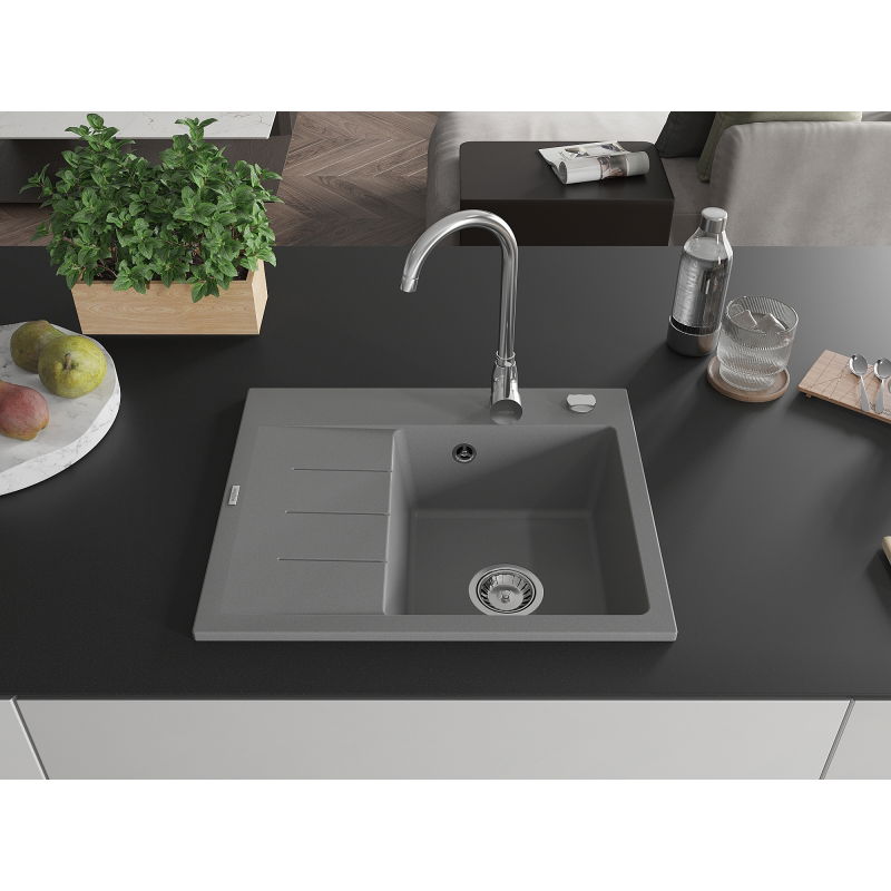 Mexen Ben granitový dřez s 1 komorou a odkapávačem, pravý 600 x 500 mm, šedý, sifon chrom - 6523605000-71
