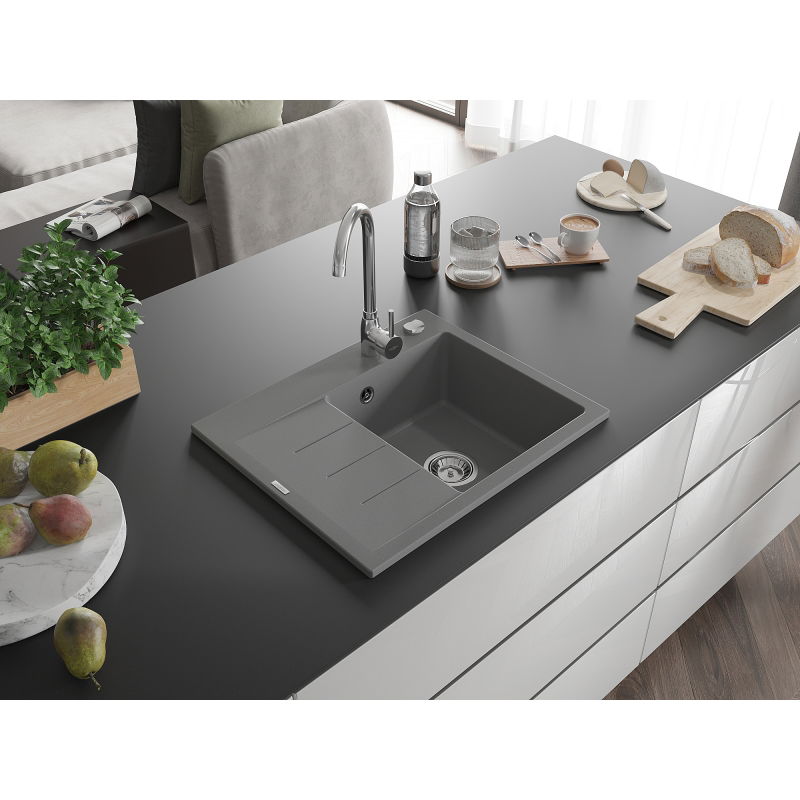 Mexen Ben granitový dřez s 1 komorou a odkapávačem, pravý 600 x 500 mm, šedý, sifon chrom - 6523605000-71