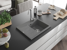 Mexen Ben granitový dřez s 1 komorou a odkapávačem, pravý 600 x 500 mm, šedý, sifon chrom - 6523605000-71