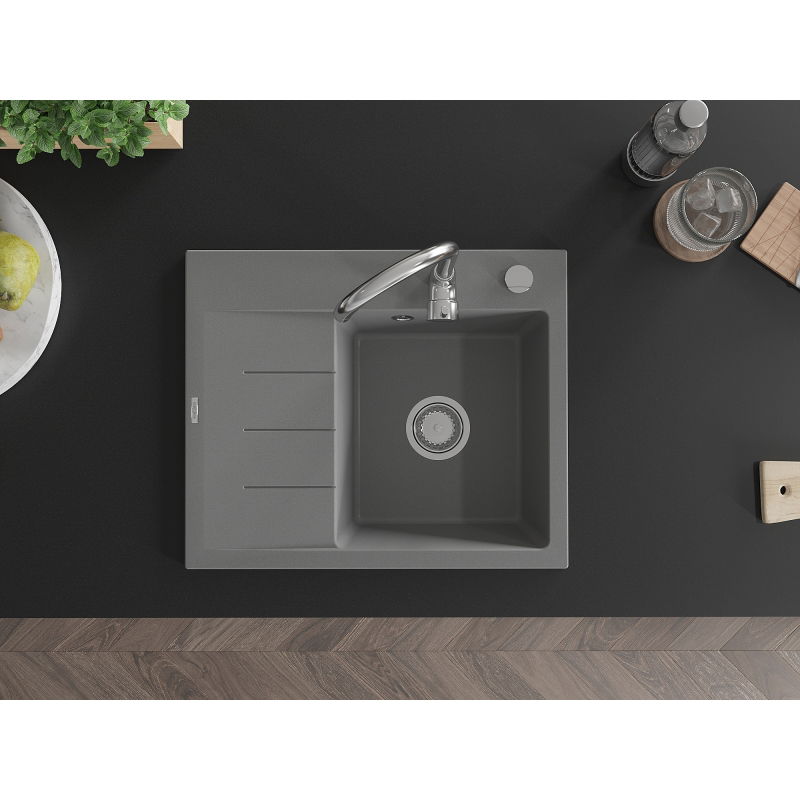 Mexen Ben granitový dřez s 1 komorou a odkapávačem, pravý 600 x 500 mm, šedý, sifon chrom - 6523605000-71