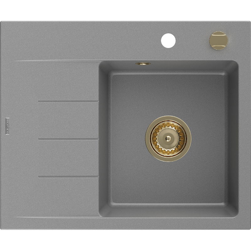Mexen Ben granitový dřez s 1 komorou a odkapávačem, pravý 600 x 500 mm, šedý, sifon zlatý - 6523605000-71-G