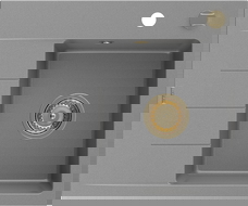 Mexen Ben granitový dřez s 1 komorou a odkapávačem, pravý 600 x 500 mm, šedý, sifon zlatý - 6523605000-71-G