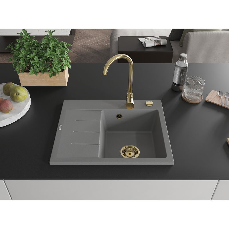 Mexen Ben granitový dřez s 1 komorou a odkapávačem, pravý 600 x 500 mm, šedý, sifon zlatý - 6523605000-71-G