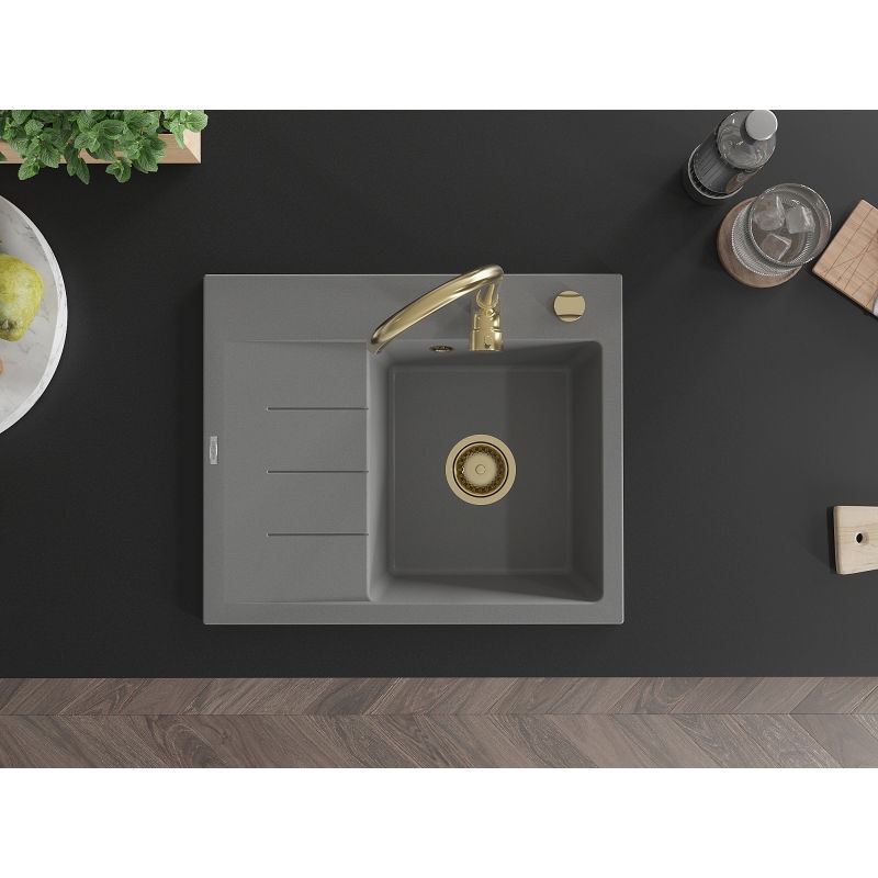 Mexen Ben granitový dřez s 1 komorou a odkapávačem, pravý 600 x 500 mm, šedý, sifon zlatý - 6523605000-71-G