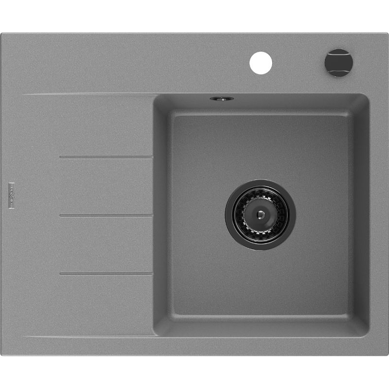 Mexen Ben granitový dřez s 1 komorou a odkapávačem, pravý 600 x 500 mm, šedý, černý sifon - 6523605000-71-B