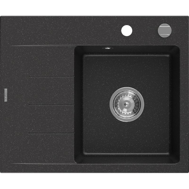 Mexen Ben granitový kuchyňský dřez s jednou komorou a odkapávačem, pravý 600 x 500 mm, černý/stříbrný metalický,