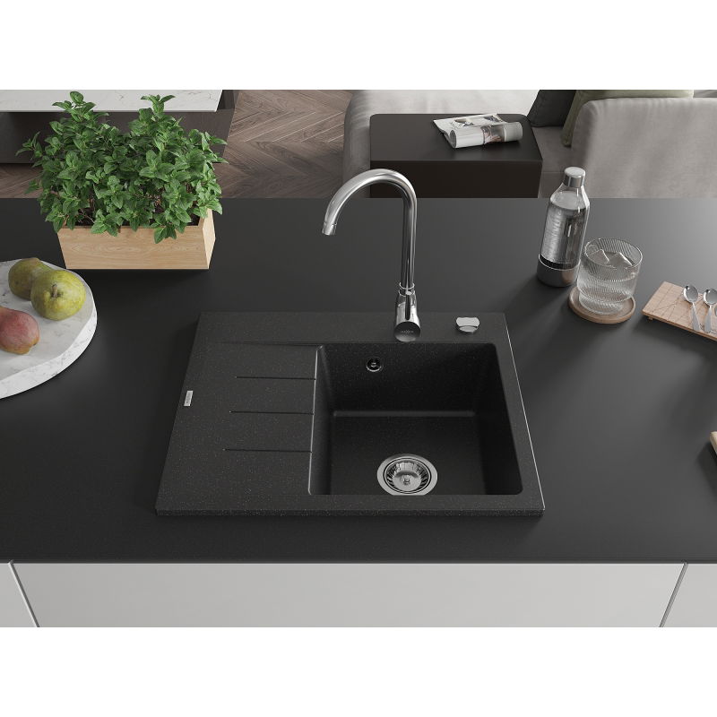 Mexen Ben granitový kuchyňský dřez s jednou komorou a odkapávačem, pravý 600 x 500 mm, černý/stříbrný metalický,