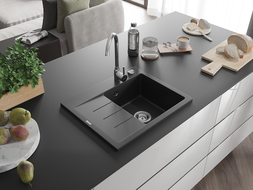 Mexen Ben granitový kuchyňský dřez s jednou komorou a odkapávačem, pravý 600 x 500 mm, černý/stříbrný metalický,