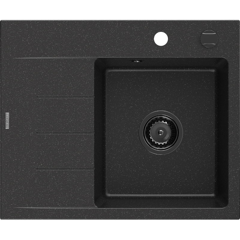 Mexen Ben granitový dřez s 1 komorou a odkapávačem, pravý 600x500 mm, černý/stříbrný metalický sifon černý