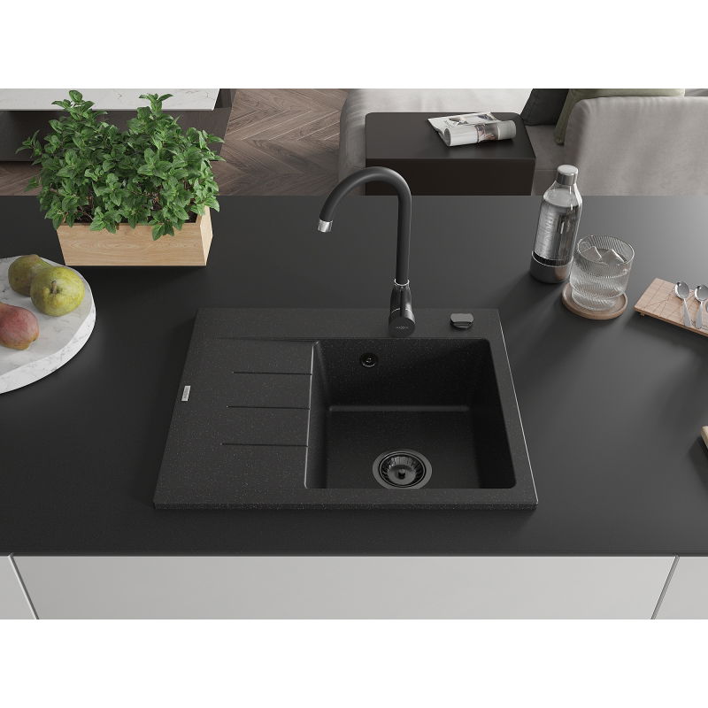 Mexen Ben granitový dřez s 1 komorou a odkapávačem, pravý 600x500 mm, černý/stříbrný metalický sifon černý