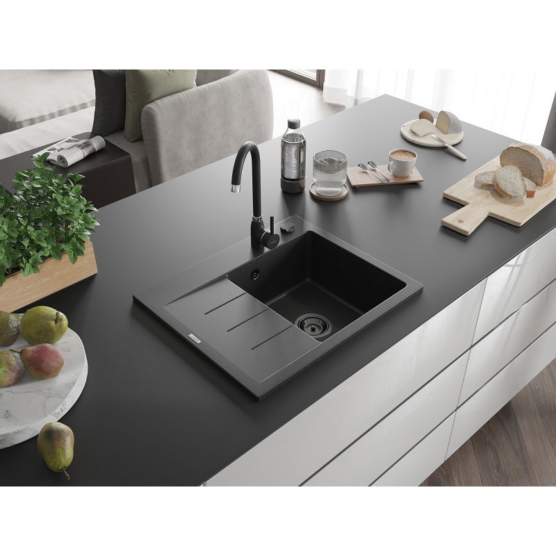 Mexen Ben granitový dřez s 1 komorou a odkapávačem, pravý 600x500 mm, černý/stříbrný metalický sifon černý