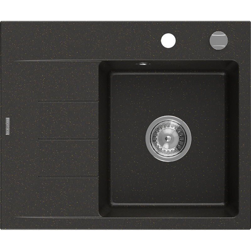 Mexen Ben granitový dřez s 1 komorou a odkapávačem, pravý 600 x 500 mm, černý/zlatý metalický, chromový sifon