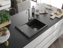 Mexen Ben granitový dřez s 1 komorou a odkapávačem, pravý 600 x 500 mm, černý/zlatý metalický, chromový sifon