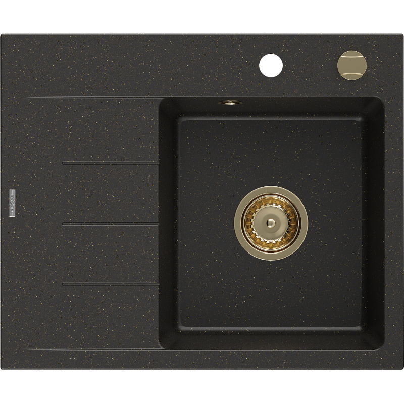 Mexen Ben granitový dřez 1-komorový s odkapávačem, pravý 600 x 500 mm, černý/zlatý metalik, sifon zlatý