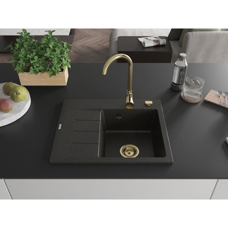 Mexen Ben granitový dřez 1-komorový s odkapávačem, pravý 600 x 500 mm, černý/zlatý metalik, sifon zlatý