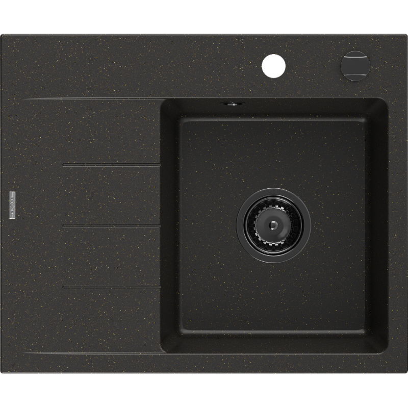 Mexen Ben granitový dřez s 1 komorou a odkapávačem, pravý 600 x 500 mm, černý/zlatý metalik černý sifon