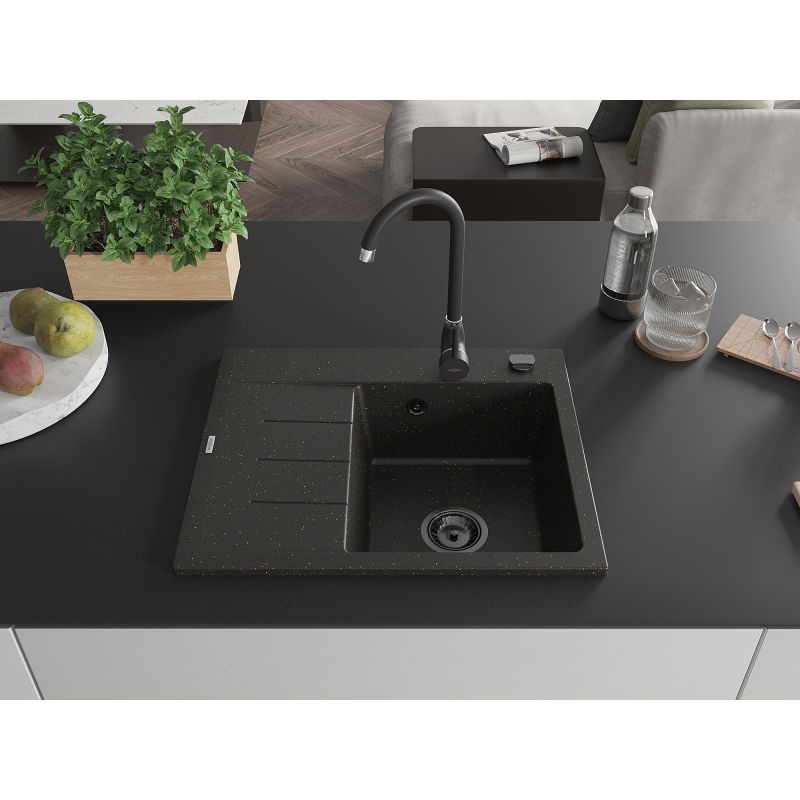 Mexen Ben granitový dřez s 1 komorou a odkapávačem, pravý 600 x 500 mm, černý/zlatý metalik černý sifon