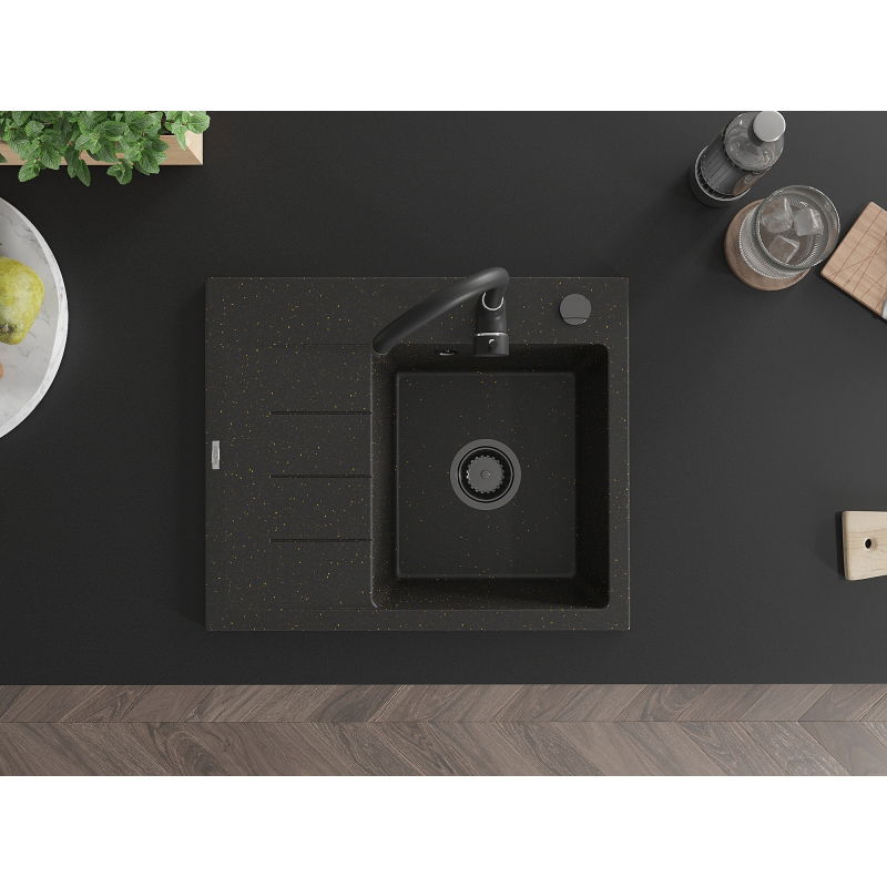 Mexen Ben granitový dřez s 1 komorou a odkapávačem, pravý 600 x 500 mm, černý/zlatý metalik černý sifon