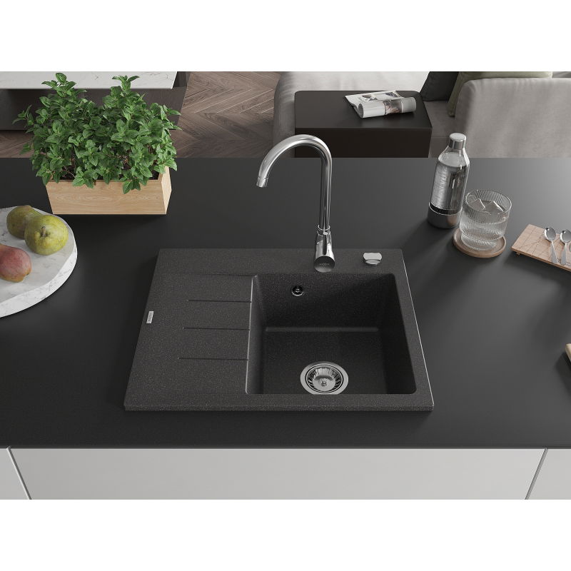 Mexen Ben granitový dřez, 1 komora s odkapávačem, pravý 600 x 500 mm, černý s tečkami, sifon chrom - 6523605000-76