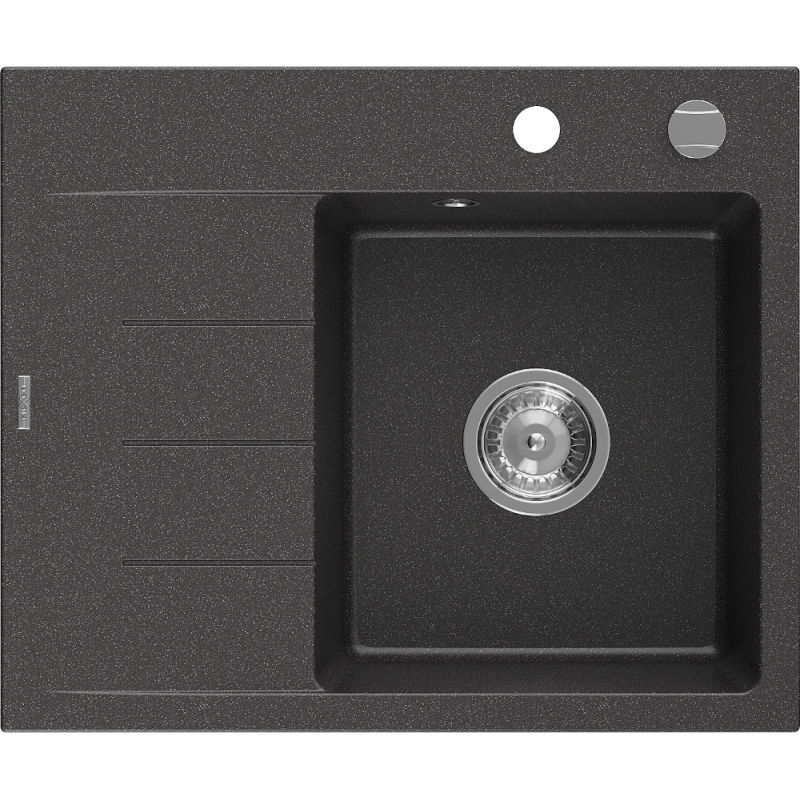 Mexen Ben granitový dřez, 1 komora s odkapávačem, pravý 600 x 500 mm, černý s tečkami, sifon chrom - 6523605000-76