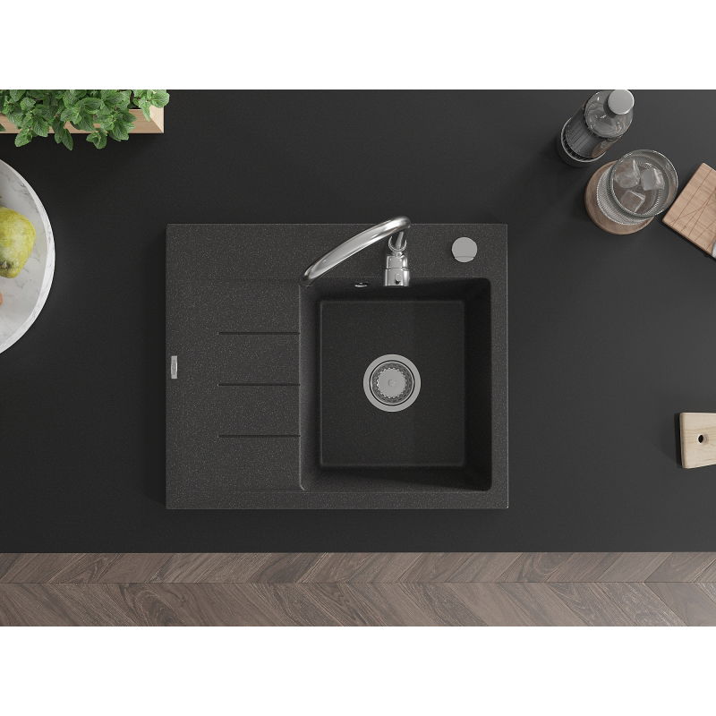 Mexen Ben granitový dřez, 1 komora s odkapávačem, pravý 600 x 500 mm, černý s tečkami, sifon chrom - 6523605000-76