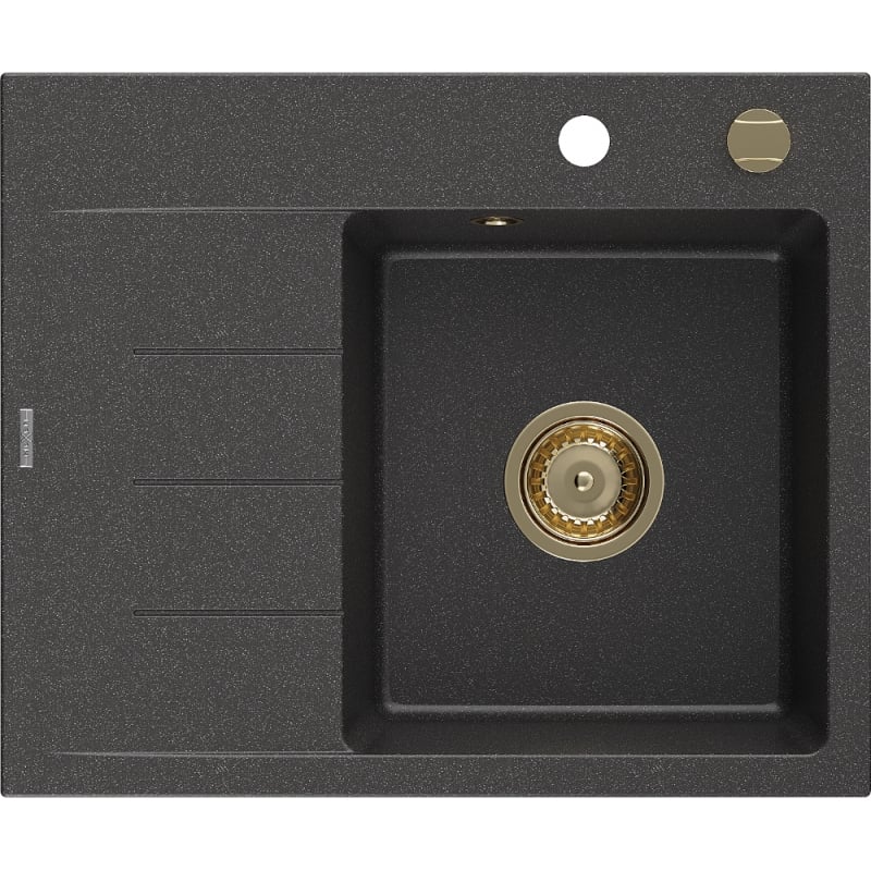 Mexen Ben granitový dřez s 1 komorou a odkapávací plochou, pravý 600 x 500 mm, černý s tečkami, zlatý sifon