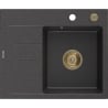 Mexen Ben granitový dřez s 1 komorou a odkapávací plochou, pravý 600 x 500 mm, černý s tečkami, zlatý sifon