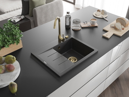 Mexen Ben granitový dřez s 1 komorou a odkapávací plochou, pravý 600 x 500 mm, černý s tečkami, zlatý sifon